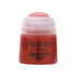 Citadel Mephiston Red base paint in bold deep red liquid inside a smooth plastic pot with a clear flip-top lid, small cylindrical form for acrylic miniature basecoating and solid color coverage.