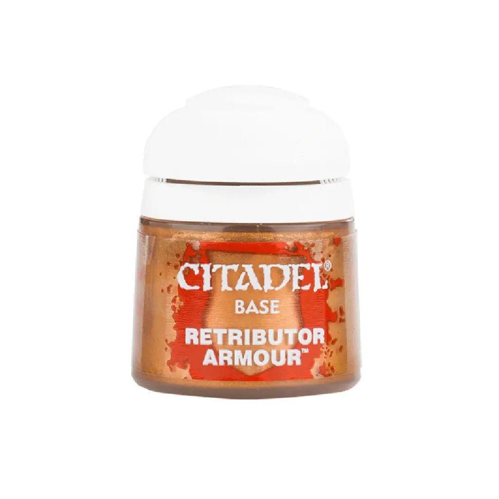Citadel Retributor Armour base paint in rich metallic gold liquid inside a smooth plastic pot with a clear flip-top lid, small cylindrical form for acrylic miniature basecoating on a white background.