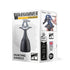 Warhammer painting handle with black matte ergonomic grip and gray plastic miniature clamp, designed to securely hold 25–40 mm models for precise hobby painting against clean white package background.