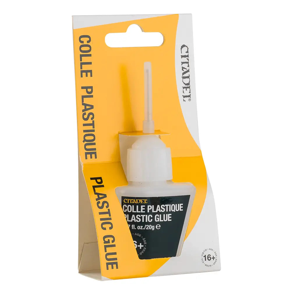 Citadel plastic glue for miniatures, white plastic bottle with smooth matte texture, narrow precision nozzle and compact rectangular form, used for permanently bonding plastic tabletop models, shown in yellow retail packaging on a white studio background.