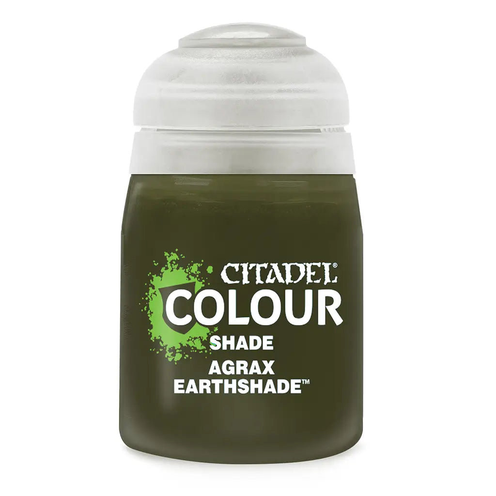 Citadel Agrax Earthshade shade paint in a deep olive-brown liquid inside a smooth plastic pot with a clear flip-top lid, cylindrical form for shading tabletop miniatures on a white background.