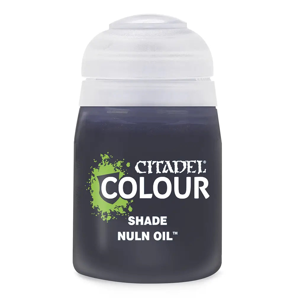 Citadel Nuln Oil shade paint in deep charcoal black liquid inside a smooth plastic pot with a clear flip-top lid, cylindrical form for adding shadows and depth to tabletop miniatures.