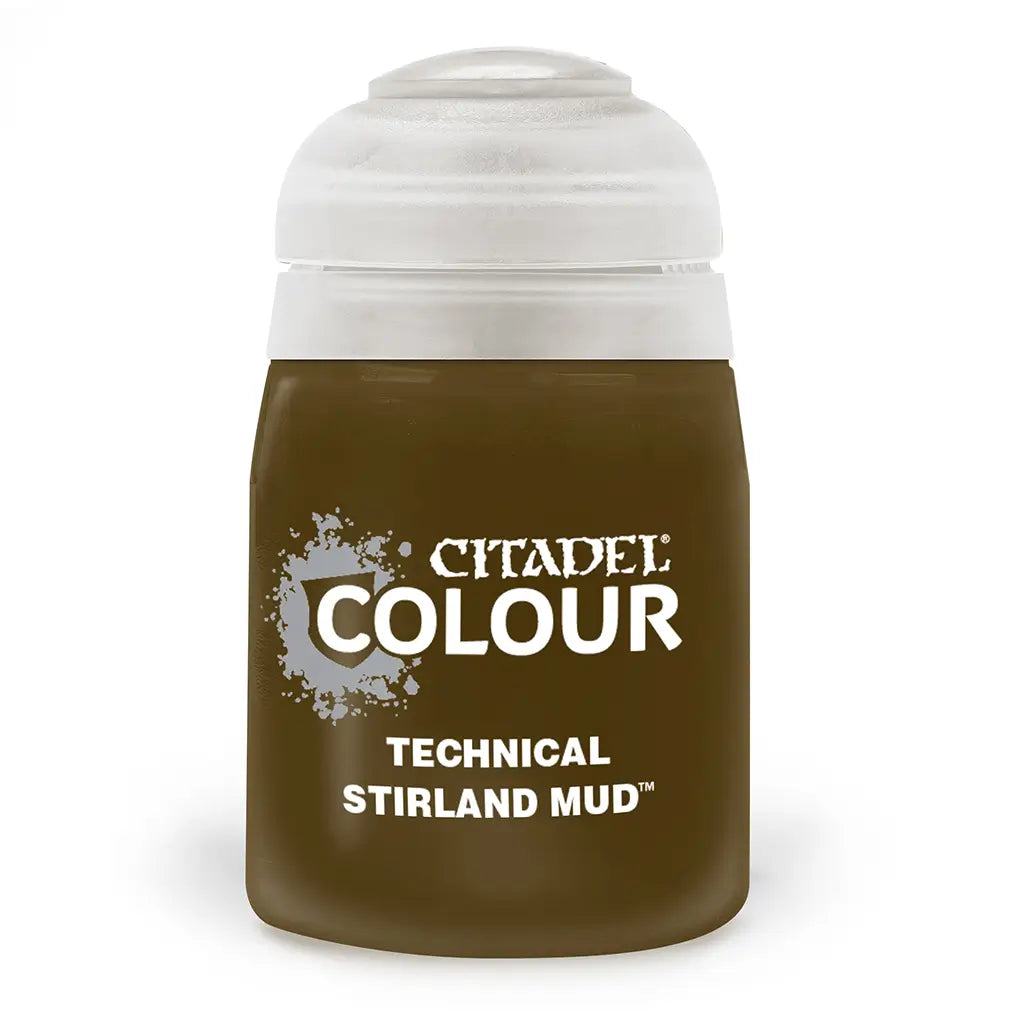 Citadel Stirland Mud technical paint in dark earthy brown textured compound inside a plastic pot with a clear flip-top lid, cylindrical form for creating realistic mud effects on miniature bases.