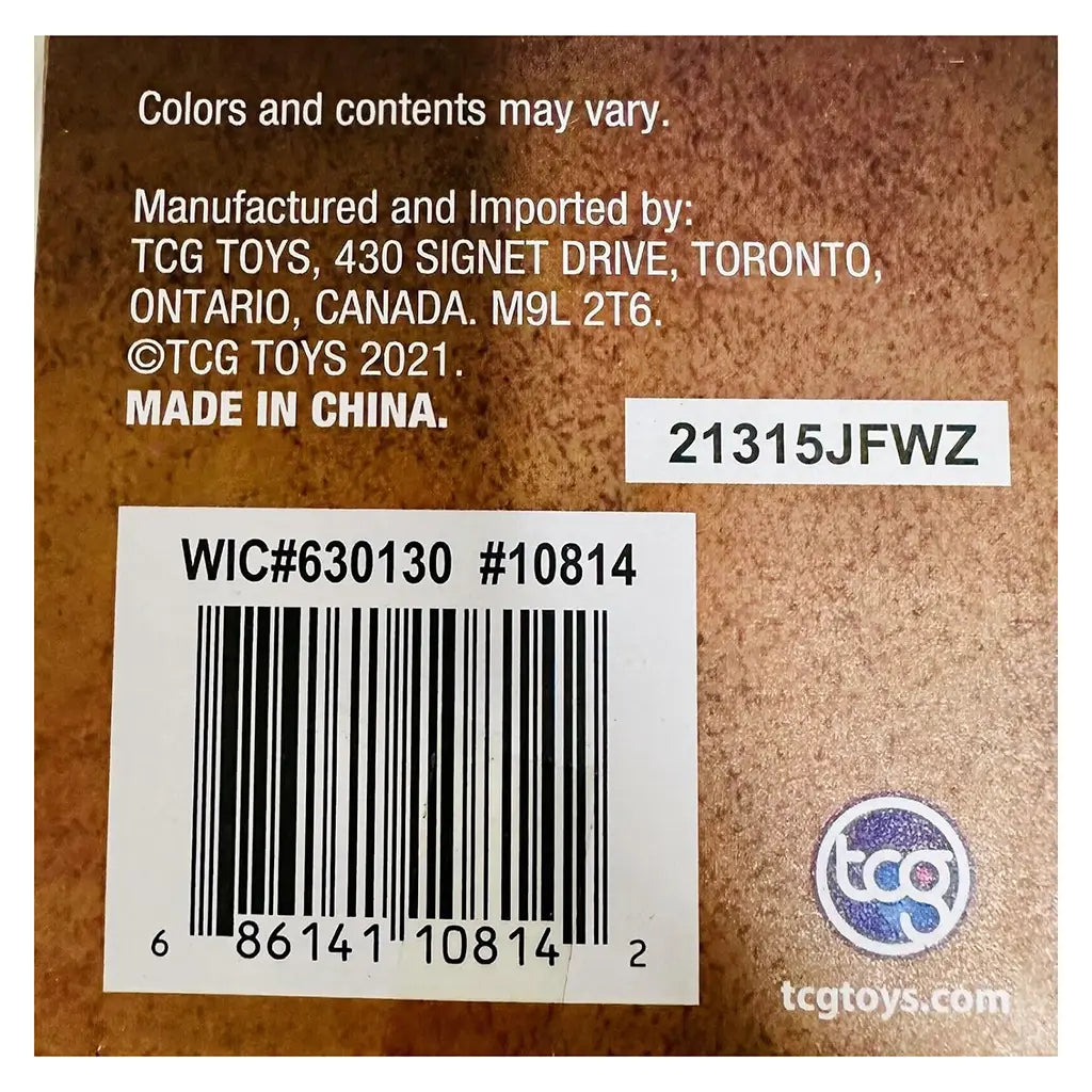 Product barcode label for TCG Toys’ Classic Games Toppling Timber showing manufacturing details, barcode, and company address on a brown textured background with tcgtoys.com logo.