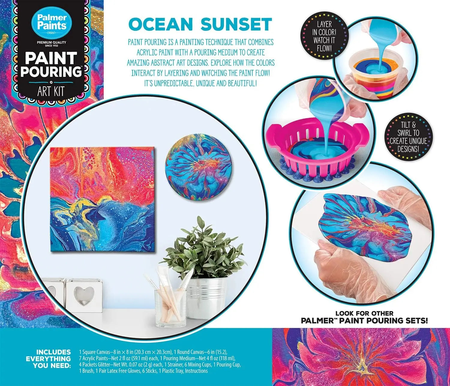 Back of Palmer Paints Pouring Art Kit Ocean Sunset box shows example paintings, pour techniques, and full kit contents including canvases, tools, and colorful acrylic paints.