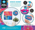Back of Palmer Paints Pouring Art Kit Ocean Sunset box shows example paintings, pour techniques, and full kit contents including canvases, tools, and colorful acrylic paints.