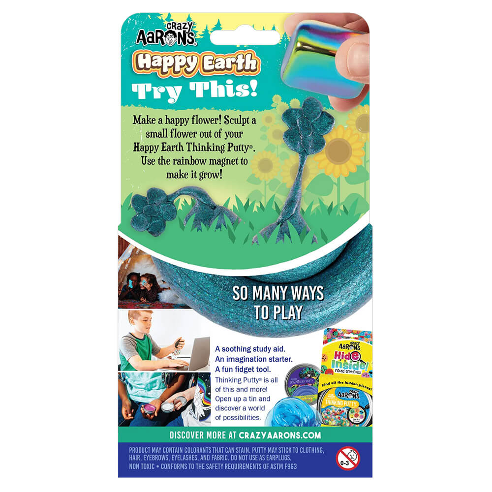 Crazy Aaron's Magnetic Storms Happy Earth Thinking Putty 4" Tin Back of Package