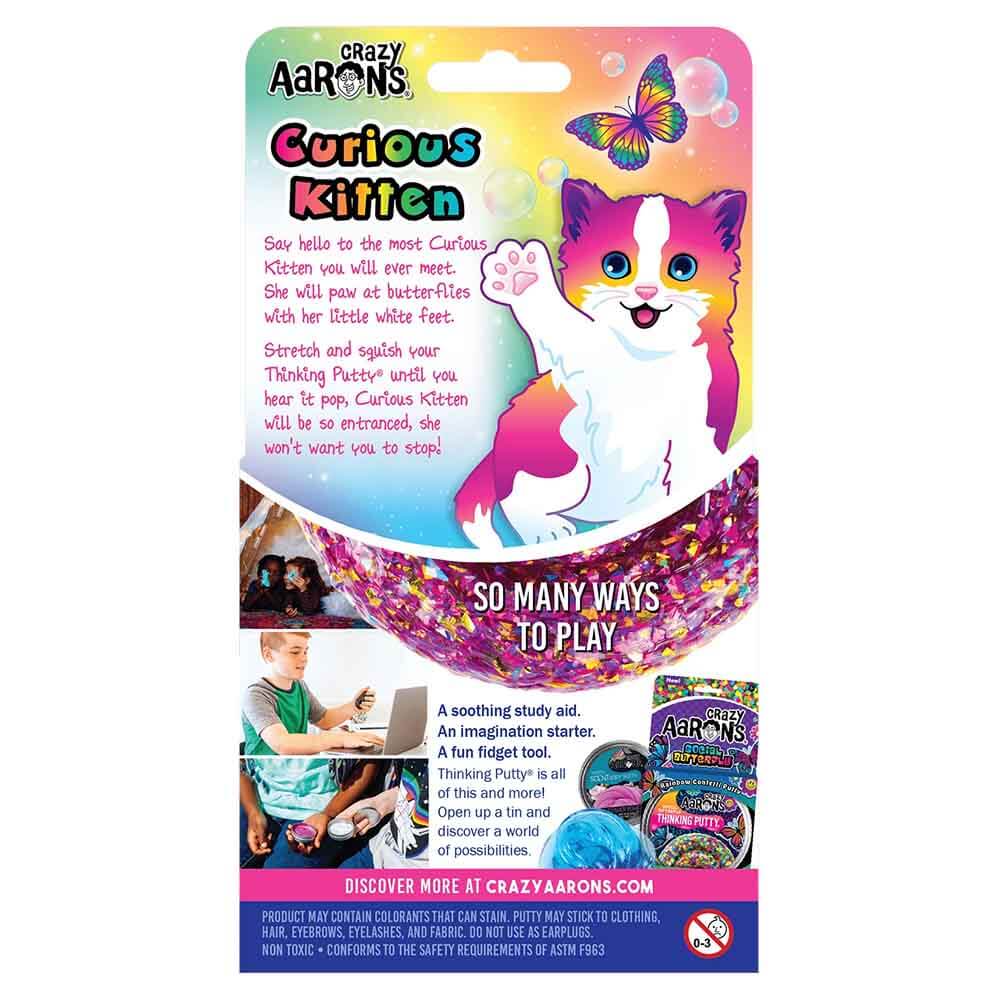 Crazy Aaron's Trendsetters Curious Kitten Thinking Putty 4" Tin back of packaging