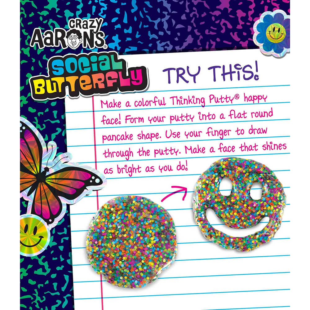 Social Butterfly try this page, it explains what you can do with your Crazy Aaron's Trendsetters Social Butterfly Thinking Putty 4" Tin
