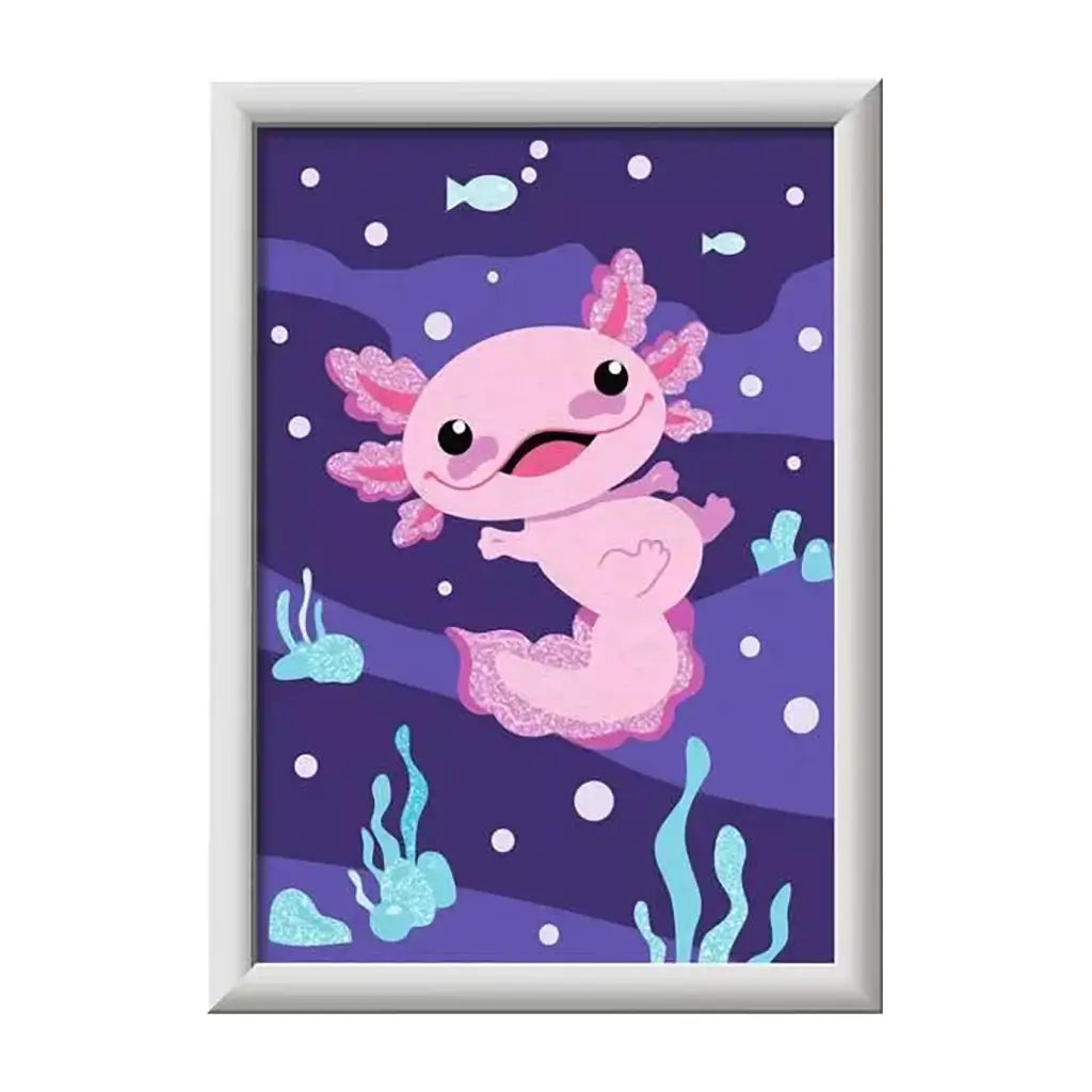 Completed CreArt axolotl painting featuring a cute pink axolotl swimming among seaweed and bubbles in a deep purple underwater setting with glitter accents.