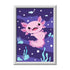 Completed CreArt axolotl painting featuring a cute pink axolotl swimming among seaweed and bubbles in a deep purple underwater setting with glitter accents.
