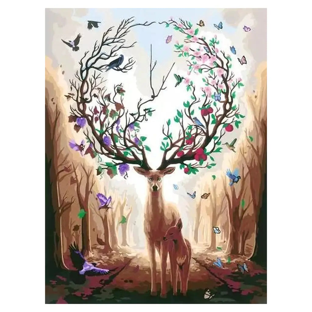 Detailed paint by numbers canvas illustration featuring a deer with tree-branch antlers blossoming with flowers, surrounded by butterflies and birds in a woodland clearing.