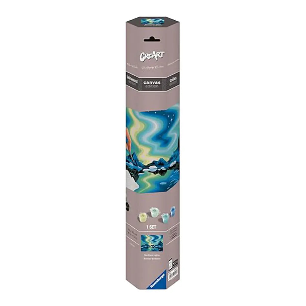 CreArt painting by numbers kit packaging showing northern lights artwork on the label, including paints and tools neatly packed in a tall rectangular box.