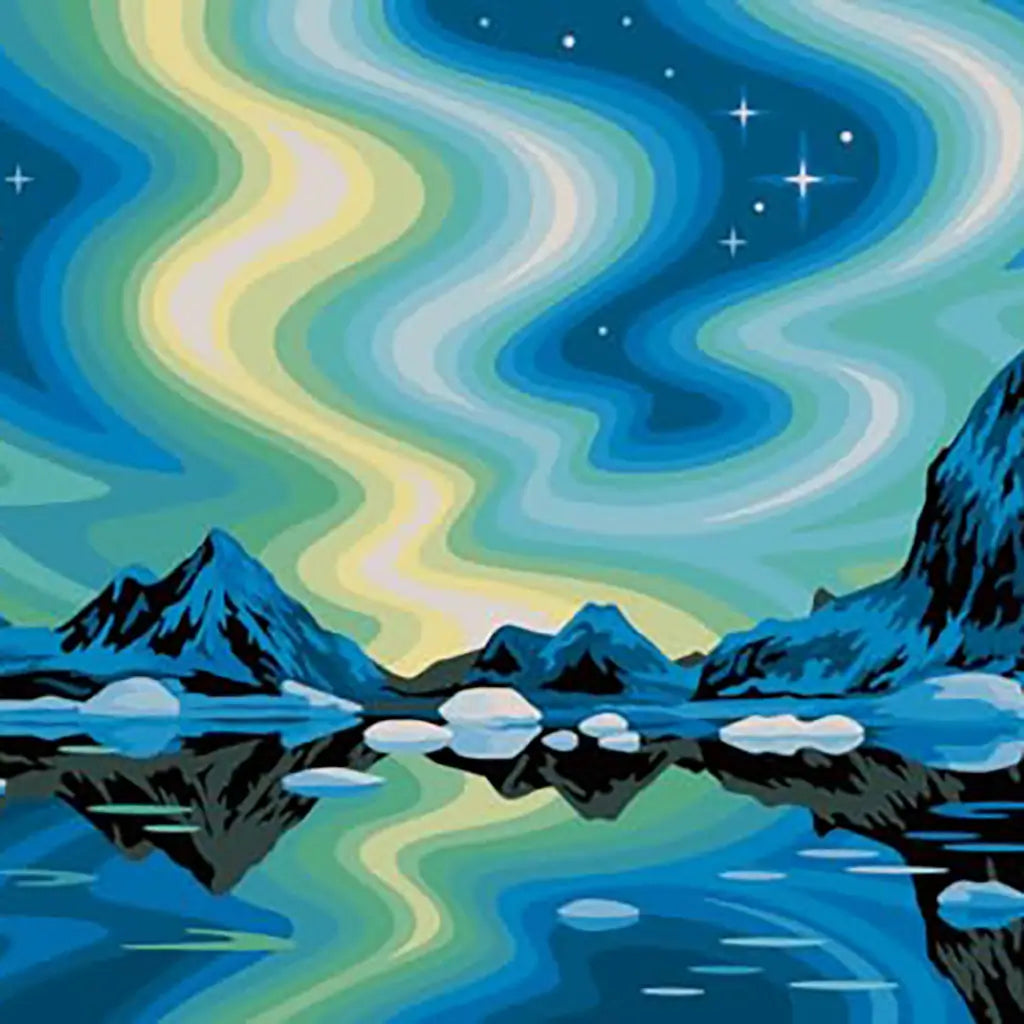 Painting by numbers artwork showing vibrant northern lights in green, blue, and yellow above icy mountains with floating icebergs reflected in calm water.