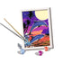Partially painted CreArt dolphin artwork with brush and paint pots, displaying two dolphins mid-jump over water with bright sunset and palm trees in background.