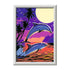 Completed CreArt dolphin painting showing two dolphins leaping against a tropical sunset with palm trees and a glowing moon in a vivid ocean landscape.