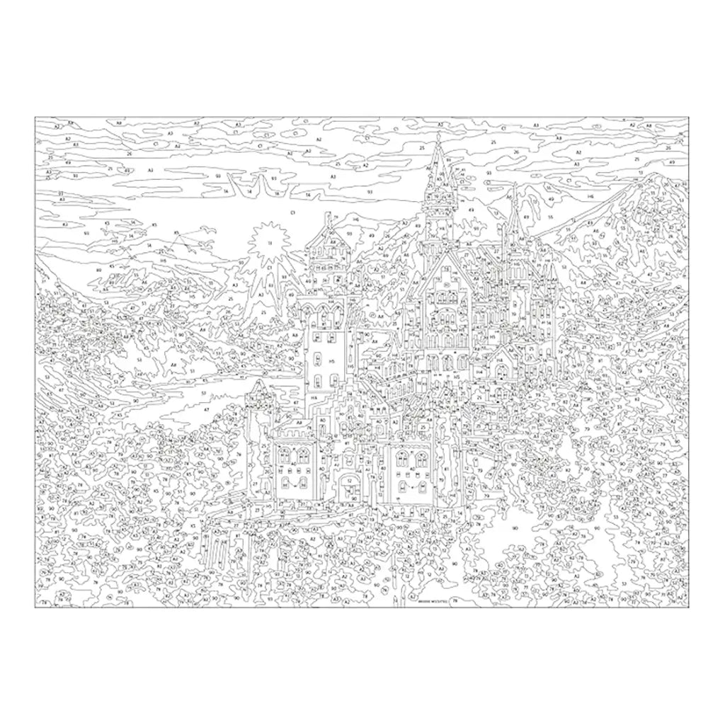 Blank outlined paint by numbers canvas showing detailed castle towers, trees, and mountain background with small numbered sections to guide color placement in the artwork.