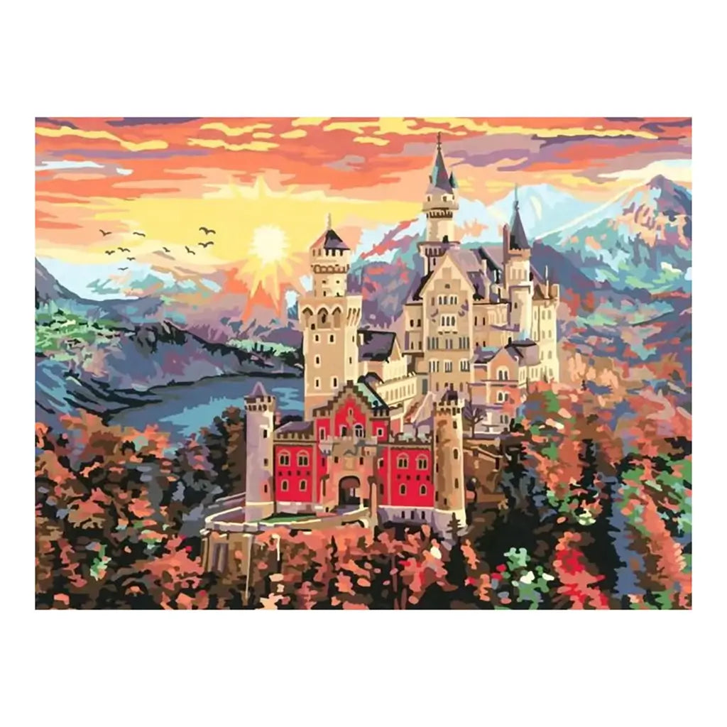 Vibrant paint by numbers artwork of a fairytale castle with tall towers, red and beige walls, set among colorful autumn trees with mountains and a glowing sunset sky.