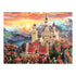 Vibrant paint by numbers artwork of a fairytale castle with tall towers, red and beige walls, set among colorful autumn trees with mountains and a glowing sunset sky.