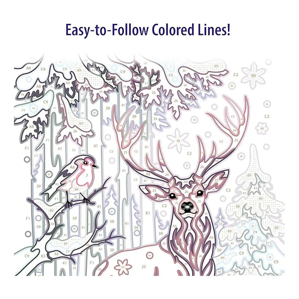 Numbered outline sheet of Ravensburger CreArt festive friends kit showing deer with antlers and bird in snowy forest, designed with easy-to-follow colored lines for painting.