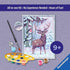 Back of Ravensburger CreArt festive friends paint by numbers kit box showing contents, paint palette, glitter frame, and woodland deer winter painting with included tools.