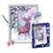 Ravensburger CreArt festive friends glitter painting kit displayed with finished woodland deer scene, included paintbrush, acrylic paint pots, and product packaging box.