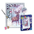 Ravensburger CreArt festive friends glitter painting kit displayed with finished woodland deer scene, included paintbrush, acrylic paint pots, and product packaging box.
