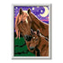 Completed CreArt “Horses at Midnight” painting showing a mare and foal in dark brown tones against purple starry night sky with crescent moon, framed in white.