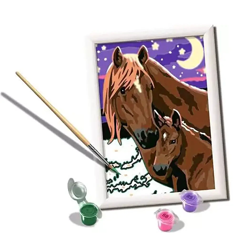 CreArt “Horses at Midnight” painting set displayed with paintbrush and three paint pots, featuring image of mare and foal under a moonlit sky, highlighting glow-in-the-dark accents.