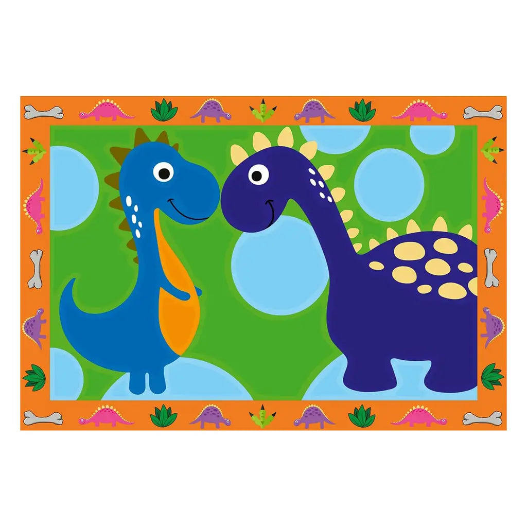 Illustration of two cartoon dinosaurs, one blue with orange belly and one purple with yellow spots, smiling together on green grass with blue circles, framed in orange border.