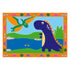 Cartoon dinosaur scene shows smiling purple dinosaur with orange spikes standing near blue lake while green pterosaur with orange wings flies overhead, framed in orange border.