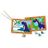 Dinosaur painting by numbers kit includes two framed designs with friendly dinosaurs, paintbrush, and paint pots for kids, showing bright green, blue, orange, and purple colors.