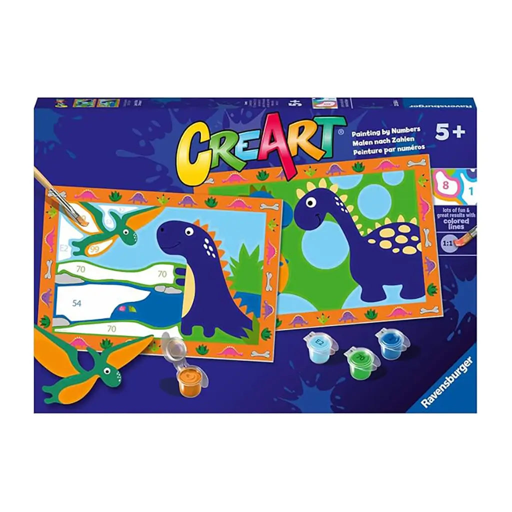 Ravensburger CreArt dinosaur painting by numbers kit box features two colorful artworks: one with smiling dinosaurs together and one with pterosaur flying over a lake.