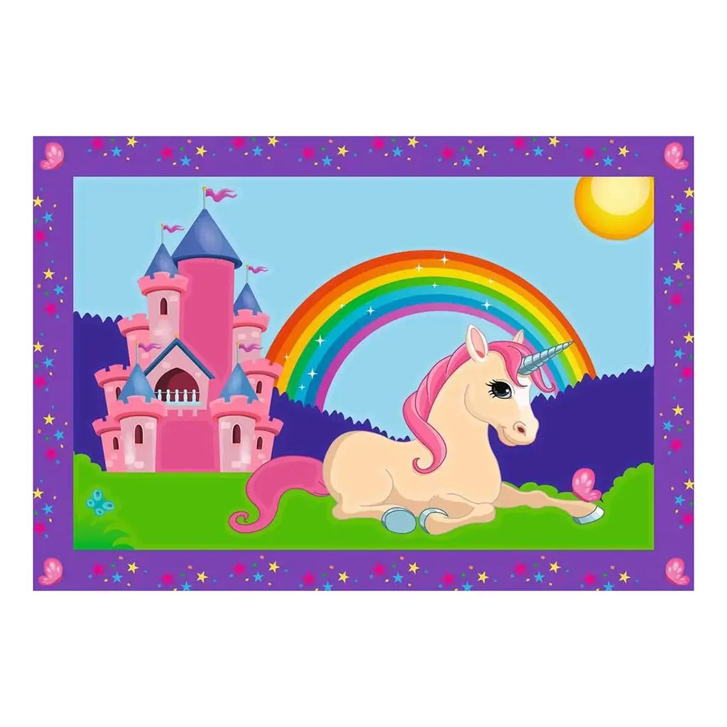 Illustration features pastel unicorn with pink mane lying on green grass in front of pink castle, rainbow, and bright sun, framed by purple border with stars.