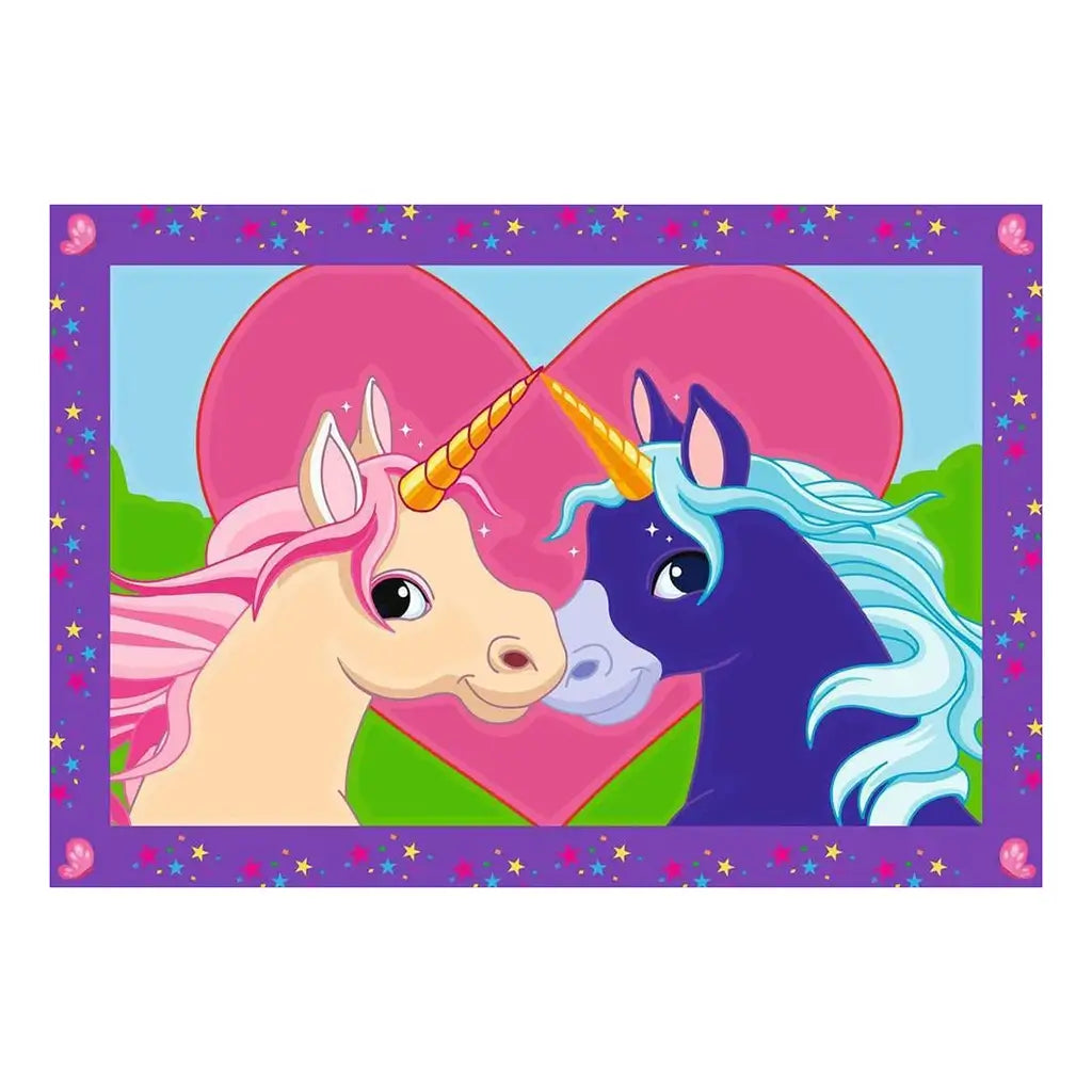 Colorful unicorn art design shows pastel pink unicorn and dark blue unicorn with flowing manes touching horns before a large pink heart, bordered with starry frame.