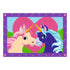 Colorful unicorn art design shows pastel pink unicorn and dark blue unicorn with flowing manes touching horns before a large pink heart, bordered with starry frame.