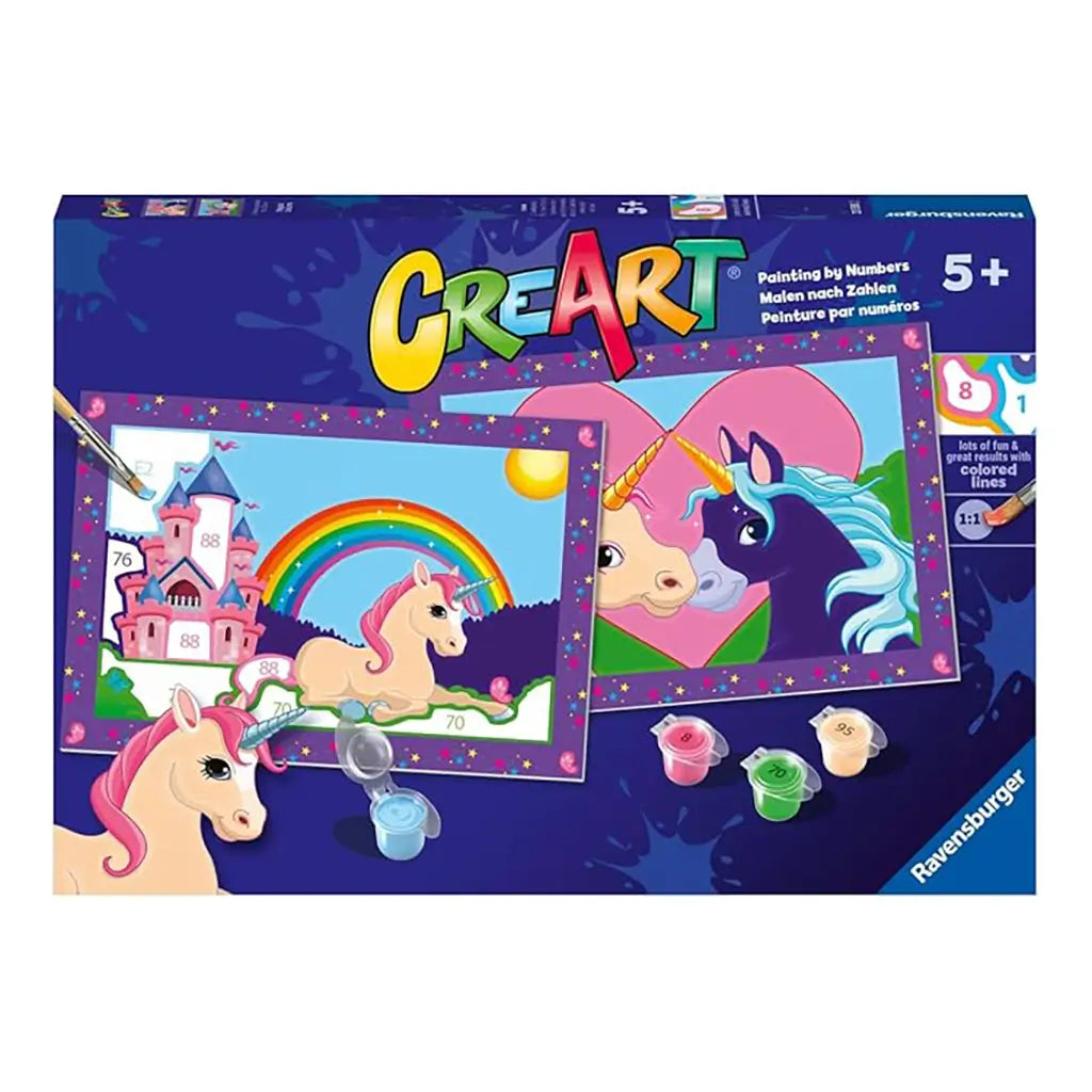 Ravensburger CreArt painting by numbers unicorn kit box shows two colorful designs: a unicorn with rainbow castle scene and two unicorns with golden horns before heart.