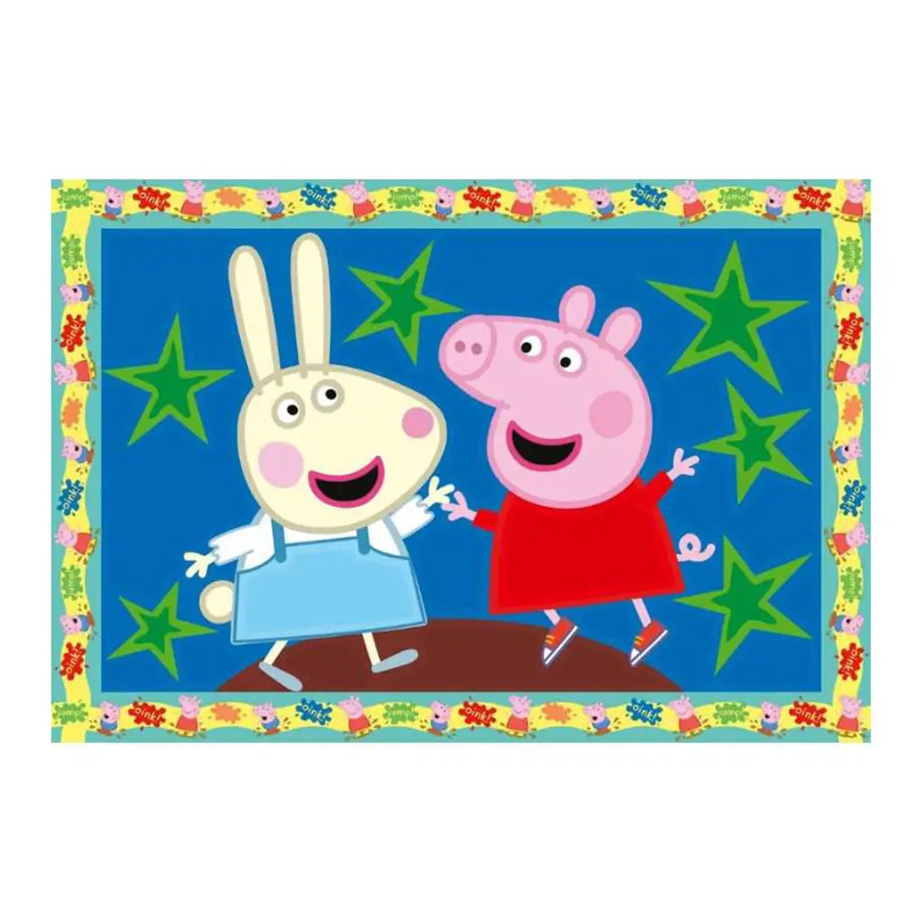 Finished Peppa Pig painting showing Peppa and friend on blue background with green stars, bordered with playful Peppa Pig themed design.