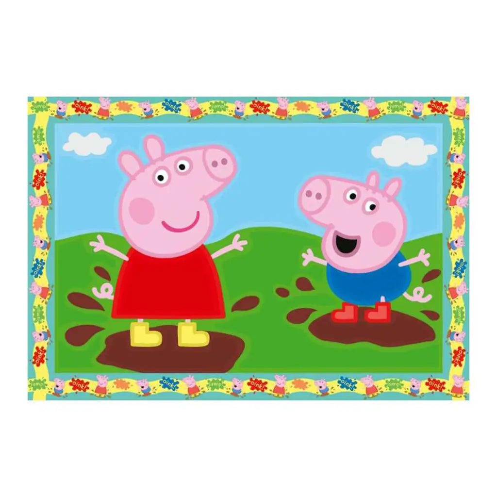 Completed Peppa Pig CreArt Jr painting of Peppa and George standing in muddy puddles with blue sky and grassy hills background, framed in themed border.