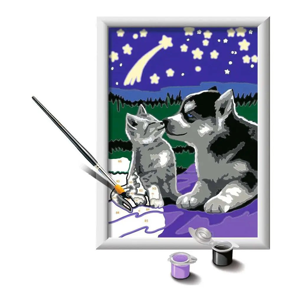 CreArt “Moonlight Friends” kit showing framed artwork of kitten and puppy under starry sky, with paintbrush and color pots included for easy painting fun.