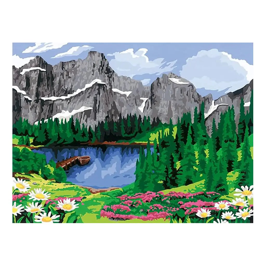 Finished paint by numbers artwork showing a scenic mountain landscape with rocky peaks, forest, blue lake, daisies, and pink wildflowers under a bright sky.