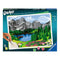 Ravensburger CreArt paint by numbers kit featuring a mountain view design with gray rocky peaks, blue sky, green forest, lake, and colorful flower meadow.