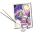 Partially painted unicorn canvas from the CreArt kit, showing paint-by-numbers sections, a brush, and small acrylic paint pots in pastel shades.