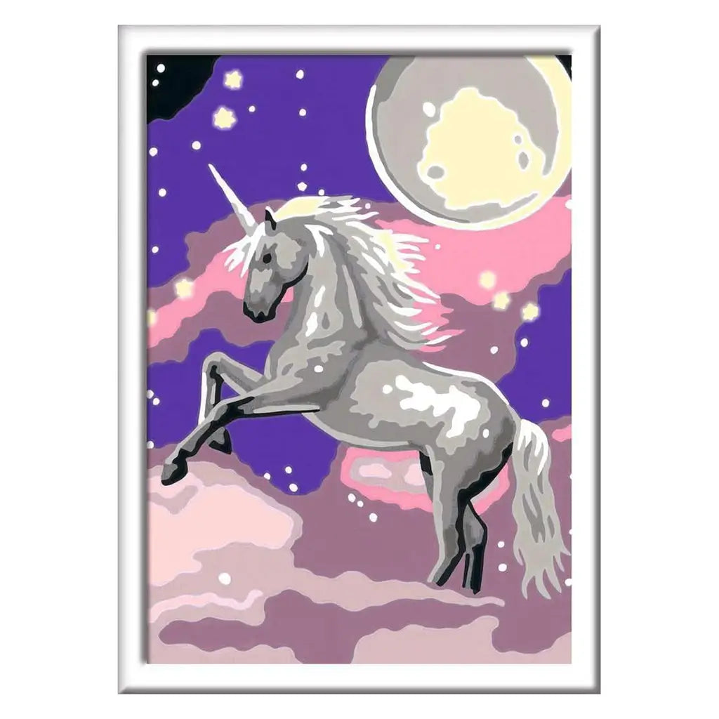 Completed CreArt unicorn painting featuring a shimmering gray unicorn rearing on pastel clouds beneath a glowing moon in a starry night sky.