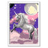 Completed CreArt unicorn painting featuring a shimmering gray unicorn rearing on pastel clouds beneath a glowing moon in a starry night sky.