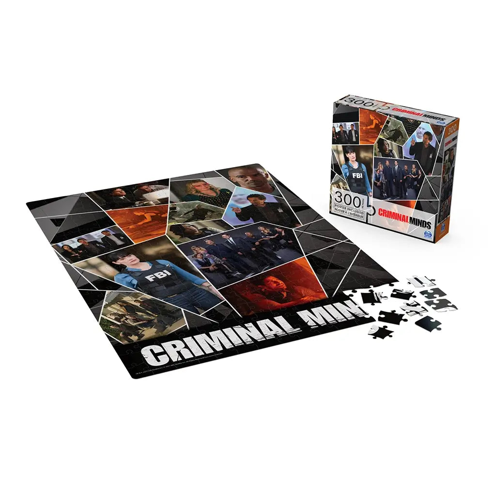 Criminal Minds 300 piece puzzle glossy cardboard jigsaw with collage of TV characters and scenes, rectangular puzzle layout with box packaging displayed beside assembled design on white background.