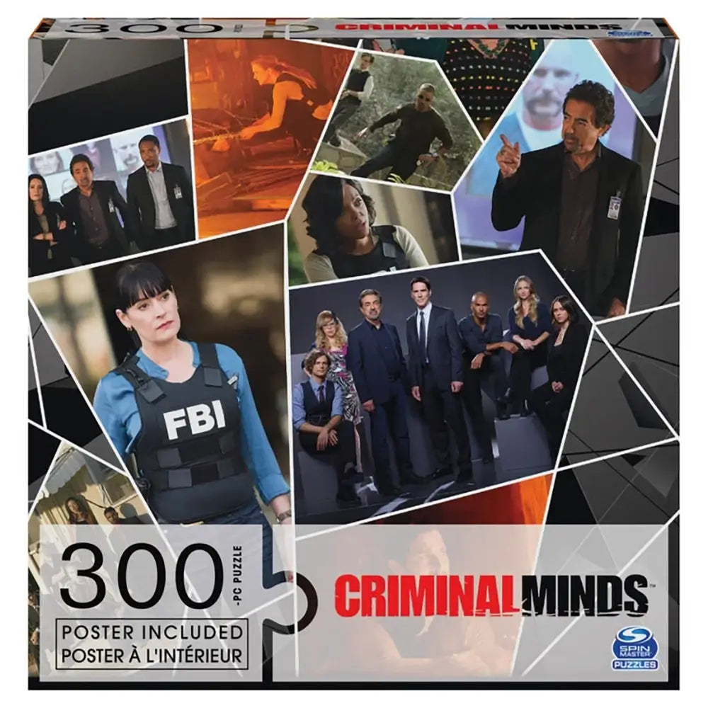 Criminal Minds 300 piece puzzle box with multicolor printed cardboard surface, rectangular form, featuring collage of TV series characters and FBI scenes, designed as jigsaw puzzle product packaging on white background.