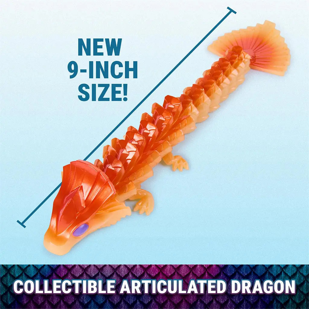 Articulated dragon toy in translucent orange plastic with faceted, scale-like segments, long jointed body, and fan-shaped tail, displayed on a blue background highlighting the new 9-inch collectible size.