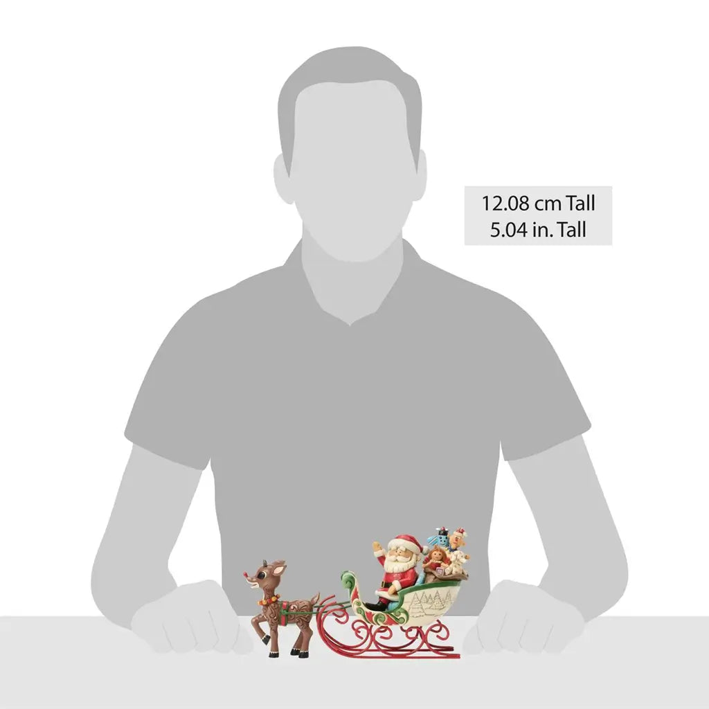 Scale image of Jim Shore Rudolph and Santa sleigh figurine, 5.04 inches tall, showing proportions relative to a person.