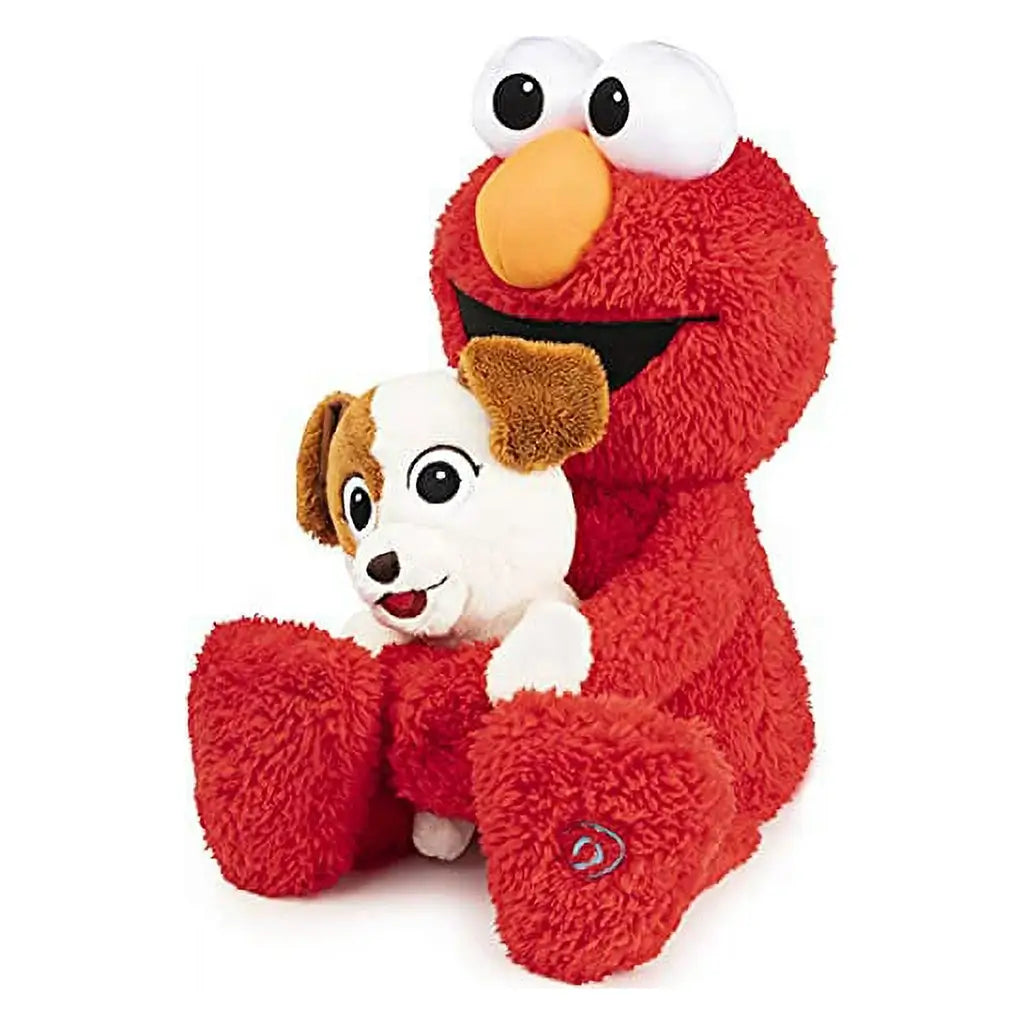 Right-angled view of plush Elmo hugging puppy Tango, both with oversized eyes and stitched details, designed for soft play and toddler-friendly comfort.